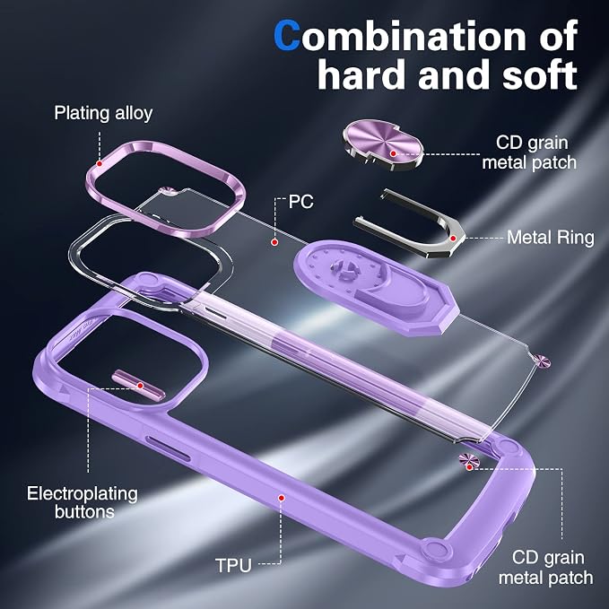 GOLDJU 4 in 1 for iPhone 14 Pro Max Case, Heavy Duty Protective Case with [360°Rotatable Magnetic Stand]& [2P 9H Tempered Glass Screen Protector]& [1P Camera Lens] Clear Hard Back 6.7’’ 2022(Violet)