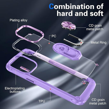 GOLDJU 4 in 1 for iPhone 14 Pro Max Case, Heavy Duty Protective Case with [360°Rotatable Magnetic Stand]& [2P 9H Tempered Glass Screen Protector]& [1P Camera Lens] Clear Hard Back 6.7’’ 2022(Violet)