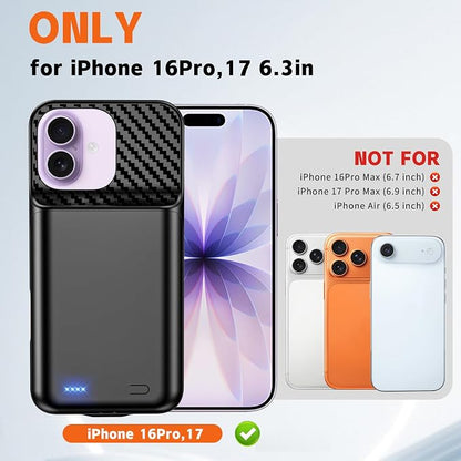 Battery Case for iPhone 16 Pro,17 (6.3 inch), 2026 Upgraded High Capacity 13800mAh Battery Pack Rechargeable Charger External Charging Case with Tempered Glass Screen Protector Black
