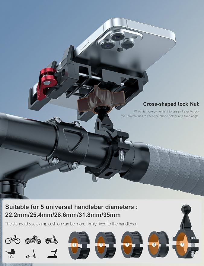 Tiakia Bike Phone Mount Holder, Aluminum Motorcycle Phone Mount, Handlebar Mounted Cell Phone Holder for Bike, 360° Rotation, Universal Bicycle Phone Mount for 4.5-7 Inch Phones (Upgrade-Black Red)