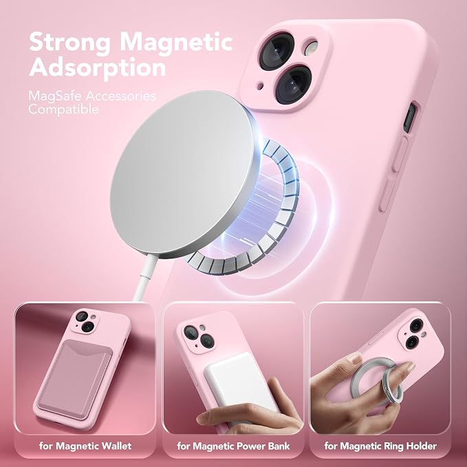 Magnetic for iPhone 13 Case, Compatible with MagSafe, [Full Camera Protection][Screen Protector] Silicone Shockproof Protective Phone Case for iPhone 13 6.1", Chalk Pink