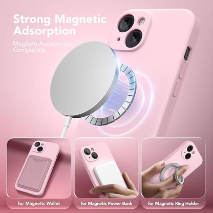 Magnetic for iPhone 15 Plus Case, Compatible with MagSafe, [Full Camera Protection][Screen Protector] Silicone Shockproof Protective Phone Case for iPhone 15 Plus 6.7", Chalk Pink