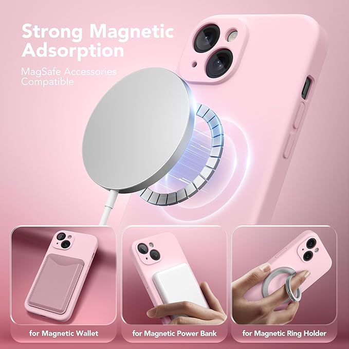 Magnetic for iPhone 15 Case, Compatible with MagSafe, [Screen Protector + Full Camera Protection], Silicone Shockproof Anti-Scratch Protective Phone Case for iPhone 15 6.1", Chalk Pink