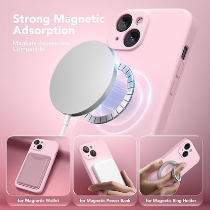Magnetic for iPhone 15 Case, Compatible with MagSafe, [Screen Protector + Full Camera Protection], Silicone Shockproof Anti-Scratch Protective Phone Case for iPhone 15 6.1", Chalk Pink