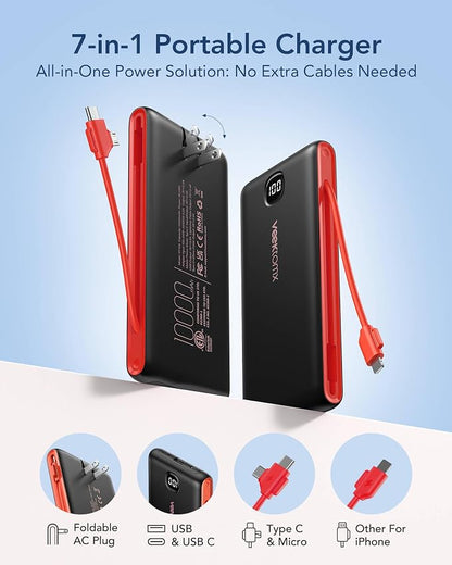 VEEKTOMX Portable Charger with Built in Cables 10000mAh, Power Bank for iPhone with AC Wall Plug, Fast Charging USB C Slim Battery Pack with LED Display Compatible with iPhone 17/16/15, Samsung