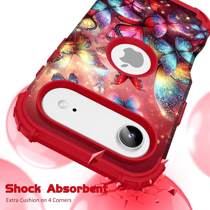 Hocase for iPhone Air Case 6.5", Heavy Duty Shockproof Protection Soft Silicone Rubber+Hard Plastic Bumpers Hybrid Protective Case for iPhone Air 2025 - Shimmering Butterflies in Red