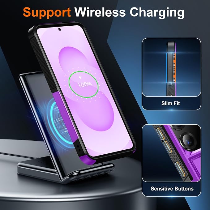 SPIDERCASE Designed for Samsung Galaxy S25 Case, [10 FT Military Grade Drop Protection], 2 Pack [Tempered Glass Screen Protector+Camera Lens Protector] Heavy Duty Shockproof Case,Dark Purple