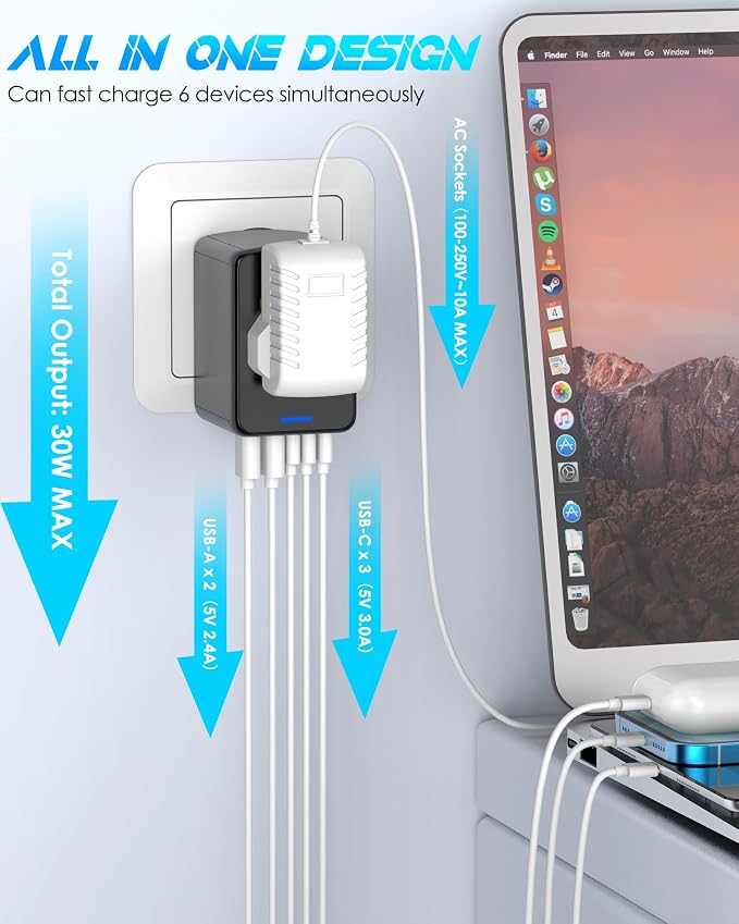Universal Travel Adapter, 30W 6.0A for Europe UK US 200+ Countries | 5 USB C/A Ports, 2500W AC Outlet, Multi Plugs 110V 220V A/C, International Power Adapter for Phone Laptop & All USB Devices