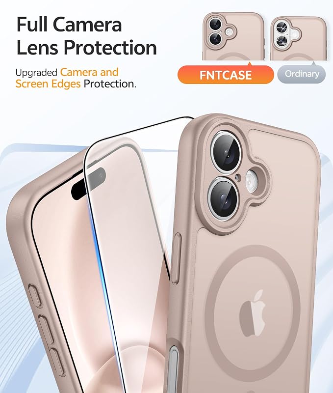 FNTCASE for iPhone 16 Case, Fit for Magsafe, Screen Protector, Desert Gold | Full Camera Protection, Translucent Matte, 14FT Military Grade Drop Proof, Shockproof Protective Phone Cover
