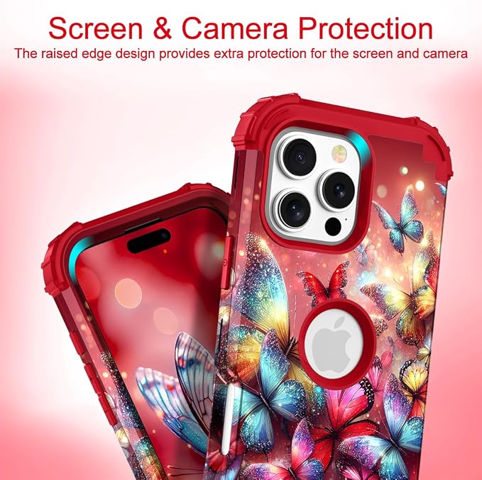 Hocase for iPhone 16 Pro Case 6.3", Heavy Duty Shockproof Protection Soft Silicone Rubber+Hard Plastic Bumpers Hybrid Protective Case for iPhone 16 Pro 2024 - Shimmering Butterflies in Red
