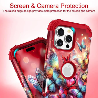 Hocase for iPhone 16 Pro Max Case, Heavy Duty Shockproof Protection Soft Silicone Rubber+Hard Plastic Bumpers Hybrid Protective Case for iPhone 16 Pro Max 2024 - Shimmering Butterflies in Red