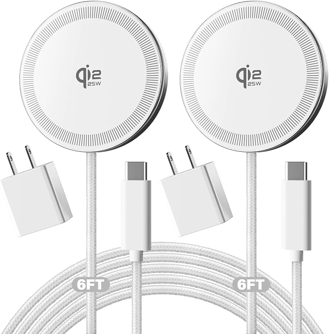 25W Magnetic Wireless Charger, 6FT Fast Charging Pad Qi2.2 Wireless Charge for iPhone 17 16 /AirPods3/2/Pro/for Galaxy S26 Ultra/Pixel 10 Series, Portable Charger for Desk& Travel(2Pack,White)
