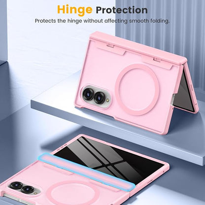 Caka Magnetic for Samsung Galaxy Z Fold 8 Case with Hinge Protection Pink | Compatible with MagSafe, Built-in Outer Screen Protector, Hinge Guard, Translucent Matte Back, 360° Hybrid Drop Defense