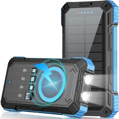 Solar Power Bank 49800mAh Portable Wireless Charger with USB-C 22.5W Fast Charging Built in 4 Cables Compatible with iPhone, iPad, Bright LED Flashlight Perfect for Camping (Blue)