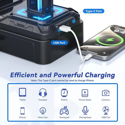 KDD Headphone Stand with USB A&C Charger Ports - RGB Controller Stand with Detachable Hooks - Rotatable Headset Hanger & Device Slot for Phones/Tablets - Drawer Storage Base for Gaming Desk Organizer