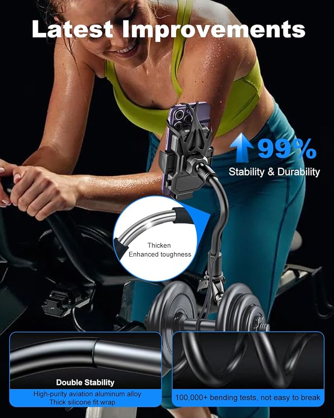 Gooseneck Bike Phone Holder Handlebar Clamp for Treadmill, Peloton, Spin Bike, Wheelchair, Bicycle, Stroller, Bike Phone Mount for iPhone 16 Pro Max, 15 14 13 Mini, 4-7" Smartphone