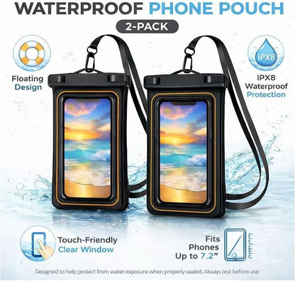 2-Pack IPX8 Floating Waterproof Phone Pouch, Dry Bag with Lanyard, Fits up to 7.2”, Compatible with iPhone 16/15/14/13 Pro Max, Galaxy S25/S24 Ultra, Pixel for Snorkeling, Kayaking(Black-Black)
