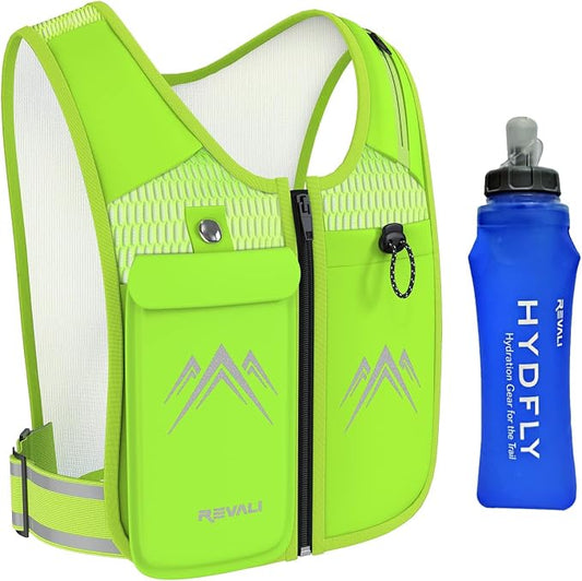 REVALI Running Vest, USA Original Patent, Zip Reflective Running Vests with 500ml Hydration Bottle, Adjustable Waistband & Breathable Material, Chest Pack Gear Phone Holder for Men & Women
