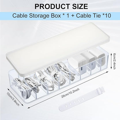 Tatuo 1 Pcs Cord Organizer for Drawer Desktop, Cable Organizer Box with 8 Compartments and Wire Ties, Plastic Charger Storage with Lid, Electronics Case for Home Office Accessories (Small,Clear,White)