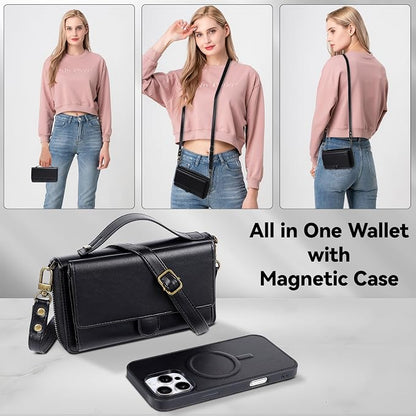 Lacass for iPhone 17 Pro Detachable Crossbody Wallet Case, Compatible with MagSafe Magnetic 2 in 1 RFID Blocking PU Leather Wallet Cover Card Holder Zipper Make Up Mirror (Black)