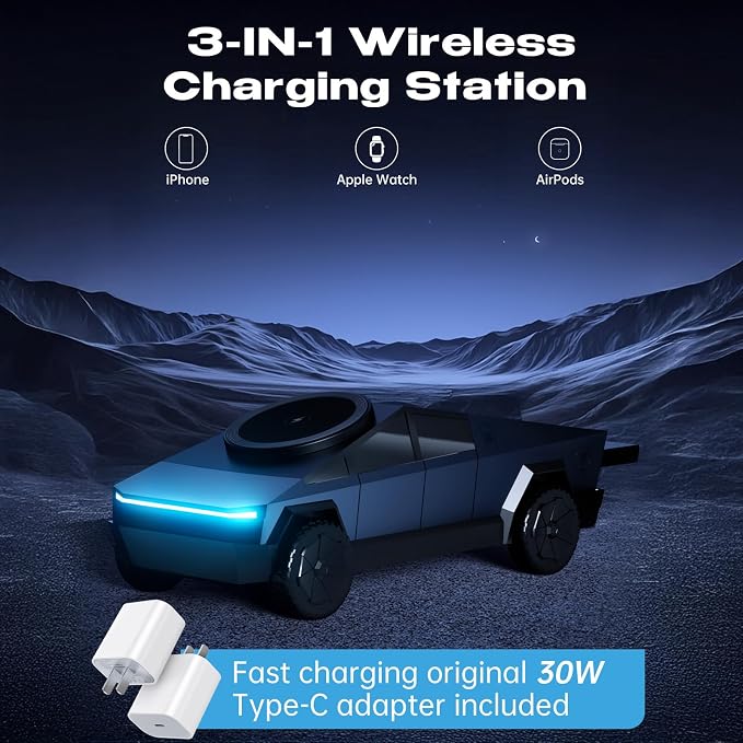 CyberDock 3-In-1 Wireless Charging Station, Cybertruck 1:25 Scale Charger with Qi2 Certified 15W Charging for iPhone iWatch AirPod, Magnetic Rotating Charger with Ambient Light, 30W Adapter, Deep Blue