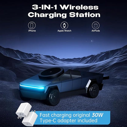 CyberDock 3-In-1 Wireless Charging Station, Cybertruck 1:25 Scale Charger with Qi2 Certified 15W Charging for iPhone iWatch AirPod, Magnetic Rotating Charger with Ambient Light, 30W Adapter, Deep Blue