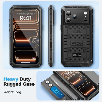 Beasyjoy for iPhone 17 Pro Max Case Waterproof, Heavy Duty Metal Case with Built-in Screen Protector, Full Body Rugged Military Grade Shockproof Dustproof Cover for Construction Outdoor 6.9", Black