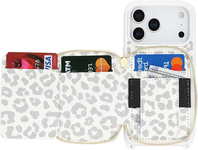 Crossbody Wallet Case for iPhone 17 Pro, PU Leather Zipper Handbag Purse Flip Cover, Kickstand Folio Case with Card Slots Holder Wrist Strap Lanyard 5G 6.3 Inch-White Leopard