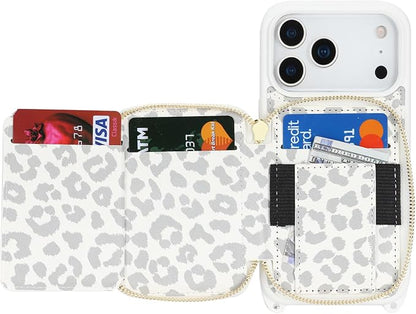 Crossbody Wallet Case for iPhone 17 Pro, PU Leather Zipper Handbag Purse Flip Cover, Kickstand Folio Case with Card Slots Holder Wrist Strap Lanyard 5G 6.3 Inch-White Leopard