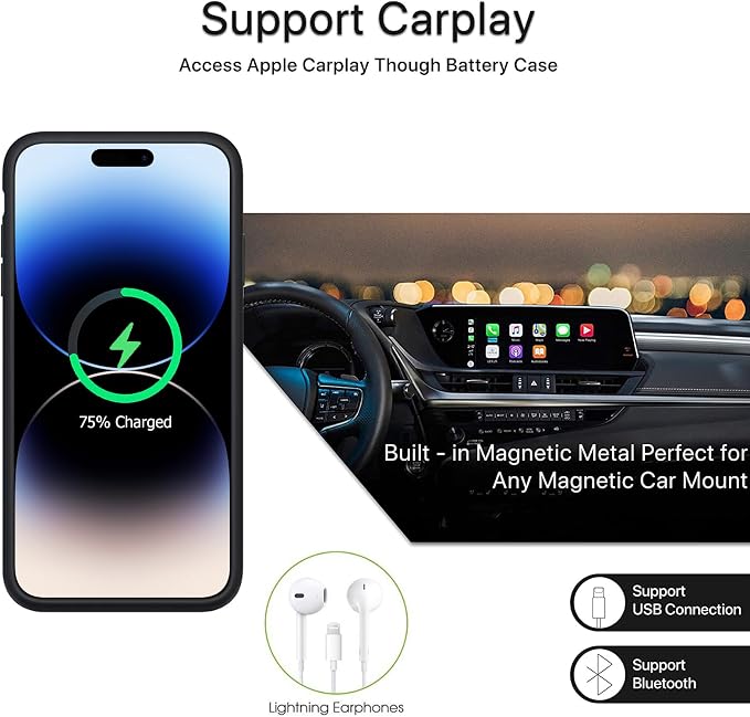 Battery Case for iPhone 14 Pro, 10000mAh High Capacity Rechargeable Portable Protective Extended Charger Case Wireless Charging Compatible with iPhone 14 Pro (6.1 inch) Charging Case & Carplay (Black)