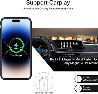 Battery Case for iPhone 14 Pro, 10000mAh High Capacity Rechargeable Portable Protective Extended Charger Case Wireless Charging Compatible with iPhone 14 Pro (6.1 inch) Charging Case & Carplay (Black)