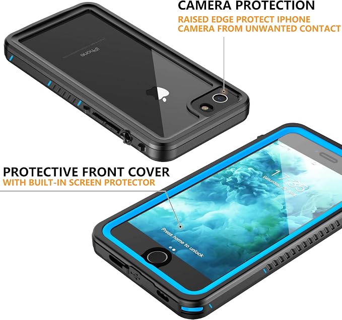 for iPhone SE 2022/SE 2020/7/8 Case Waterproof Shockproof,Full Body Protective Case with Screen Protector Heavy Duty Cover Phone Case for iPhone SE3 2022/SE 2020/7/8(Blue/Clear)