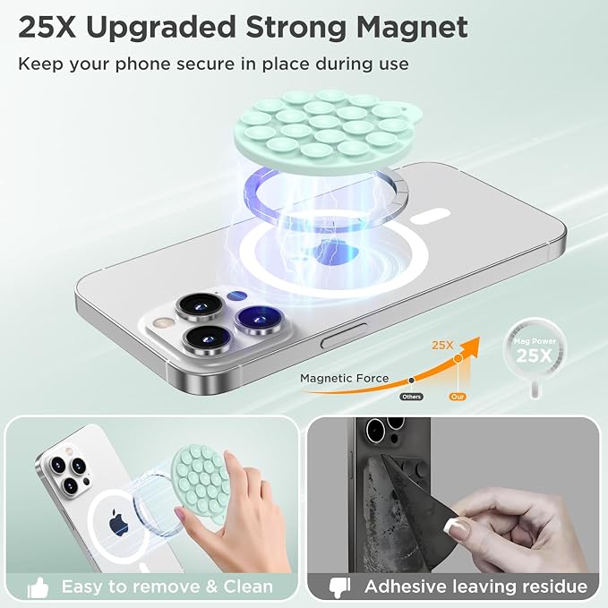 Magnetic Suction Cup Phone Mount, Compatible with MagSafe, Silicone Octo Cup Buddy Sticky Grip Holder for iPhone and Android, Removable Hands-Free Selfie/Video for TikTok, Mint Green