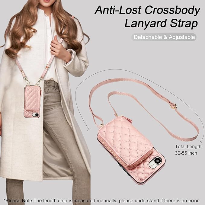 Bocasal Crossbody Wallet Case for iPhone 17e/16e, RFID Blocking PU Leather Zipper Handbag Purse Flip Cover, Kickstand Folio Case with Card Slots Holder Wrist Strap Lanyard 6.1 Inch 5G (Rose Gold)