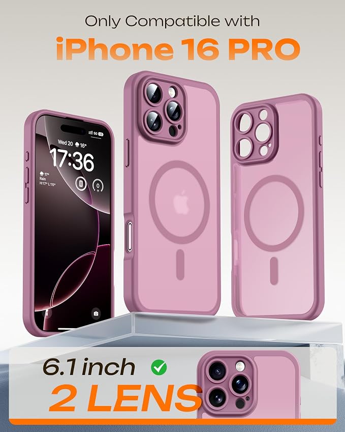 TOCOL for Phone 16 Pro Case, Compatible with Magsafe Charger, Full Camera Protection, Drop Protection, Translucent Matte Phone Case for iPhone 16 Pro 6.3 inch (Lilac Purple)