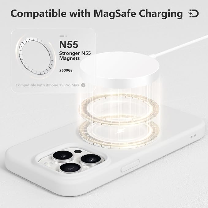GONEZ for iPhone 15 Pro Max Case Silicone, Compatible with Magsafe, Camera Protector + Screen Protector, Soft Anti-Scratch Microfiber Lining, Liquid Silicone Shockproof Phone Cover, White