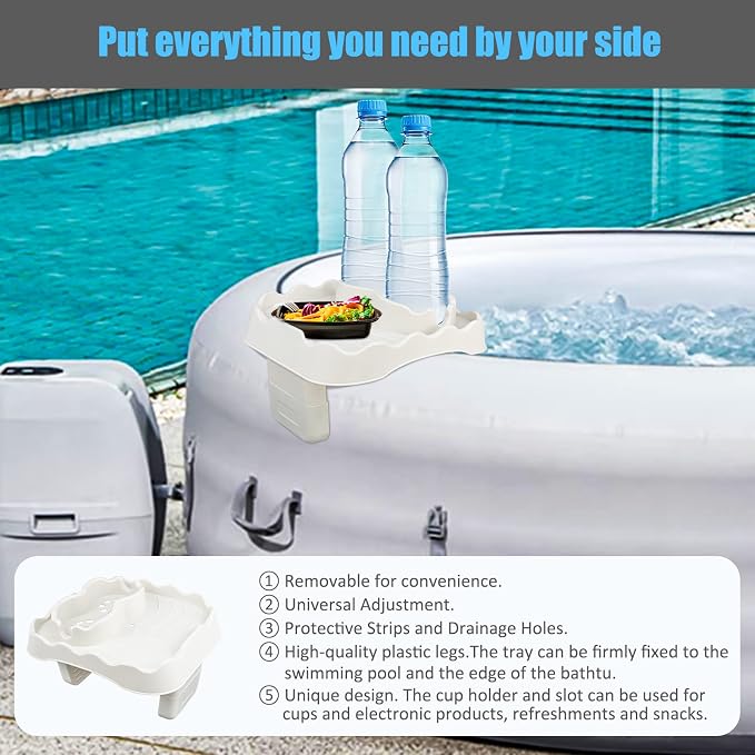 Hot Tub Side Table Tray with 2 Cup Holders, Foldable Drink Holder and Snacks Tray Outdoor Hot Tub Accessories for Inflatable Spa/Pool/Bathtub (Beige)