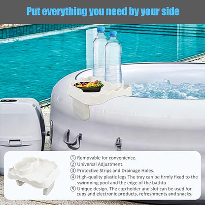 Hot Tub Side Table Tray with 2 Cup Holders, Foldable Drink Holder and Snacks Tray Outdoor Hot Tub Accessories for Inflatable Spa/Pool/Bathtub (Beige)