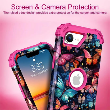 Hocase for iPhone 17e/iPhone 16e Case, Heavy Duty Shockproof Protection Hard Plastic+Silicone Rubber Hybrid Protective Phone Case for iPhone 17e/16e 6.1" - Flying Butterfly