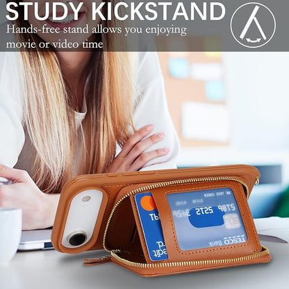 Crossbody Wallet Case for iPhone Air, PU Leather Zipper Handbag Purse Flip Cover, Kickstand Folio Case with Card Slots Holder Wrist Strap Lanyard 5G 6.5 Inch-Brown