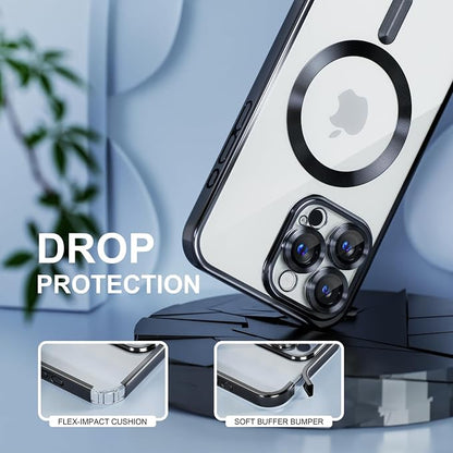 Misea Magnetic for iPhone 16 Pro Case Compatible with MagSafe [Never Yellowing] [Military Grade Drop Protection] Full Camera Lens Protector Plating Soft Clear Phone Case for Women 6.3", Black