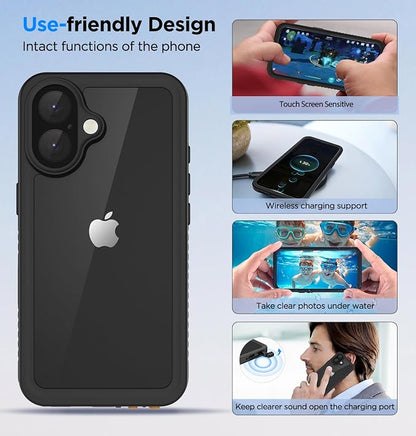 Lanenas for iPhone 16 Case Waterproof Case with Built-in Screen Protector, Full Body Dustproof Shockproof Heavy Duty Tough Rugged Phone Protective Cover for iPhone 16 6.1inch Black