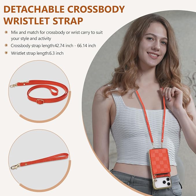 Keallce for iPhone 17 Pro Max 6.9'' Wallet Case, Crossbody Zipper Purse with 4 Card Slots RFID Blocking, Lanyards & Wrist Straps, Flip Leather Folio Cover with Kickstand for iPhone 17 Pro Max, Orange