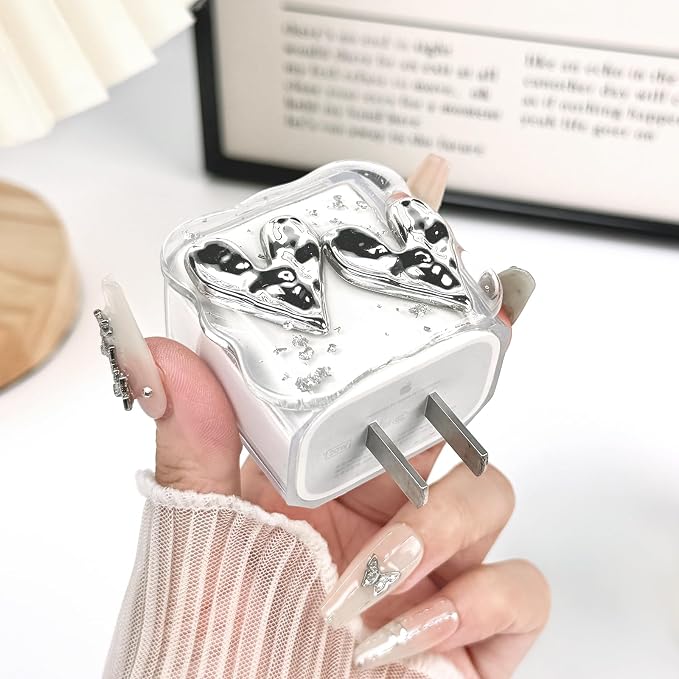 Lovmooful Compatible for iPhone 18W/20W USB-C Charger Cover Clear Lovely 3D Love Heart Waves Design Soft Charger Protector Cute Cable Case Saver Protector for Girls Women-Silver Heart