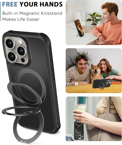 for iPhone 15 Pro Max Case, Built-in Magnetic & Seamless Stand, [Compatible with Magsafe] Protective Shockproof Phone Case, Scratch-Resistant Matte Back Slim Cover for 6.7 Inch - Black