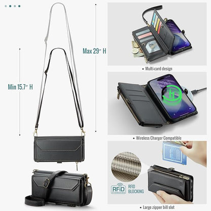 Strapurs Wallet Case Compatible with iPhone 17 Pro Max 6.9" RFID Blocking 10-Card Holder Soft PU Leather Magnetic Snap Shoulder Strap Zipper Pocket Phone Case Fit for iPhone 17 Pro Max - Black