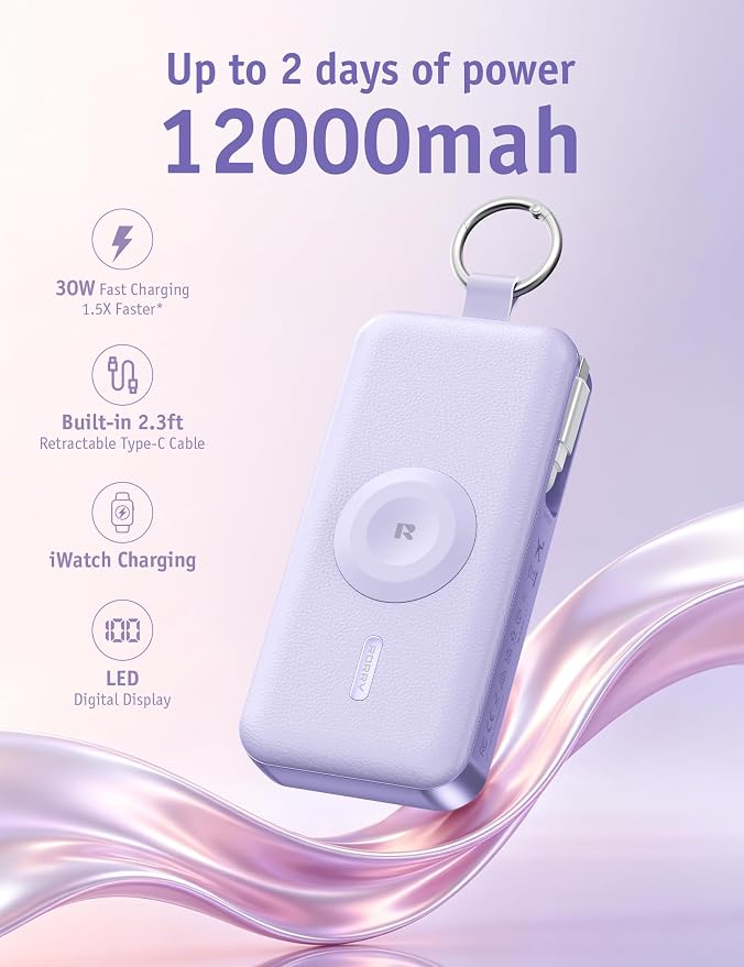 RORRY CharmGo Portable Charger 3 in 1 30W Fast Charging Power Bank 12000mAh | Built-in Retractable Cable, Keychain Design, for iPhone/iWatch/iPad/Airpods,2 USB-C Cables,Purple
