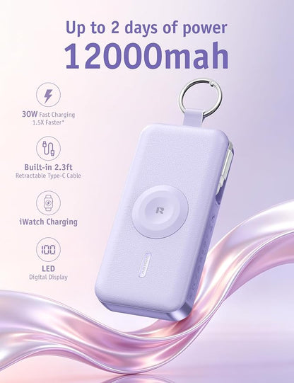RORRY CharmGo Portable Charger 3 in 1 30W Fast Charging Power Bank 12000mAh | Built-in Retractable Cable, Keychain Design, for iPhone/iWatch/iPad/Airpods,2 USB-C Cables,Purple