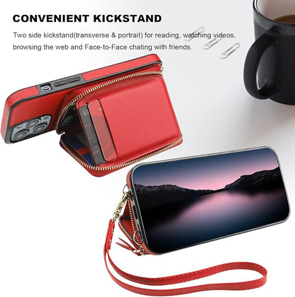 Bocasal RFID Blocking Wallet Case for iPhone 14 Pro Max, Adjustable Crossbody Zipper Purse Case with Kickstand and Detachable Wrist Strap, PU Leather Flip Folio 6.7 inch (Red)
