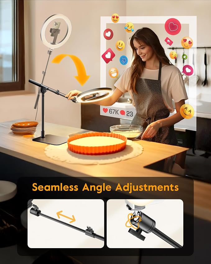 Ring Light with Stand for Desk,Adjustable Overhead Phone Mount with 10" Ring Light Tripod for iPhone,Phone Tripod with Light and Remote Phones Holder for Video Recording,Live Stream,Cooking Video